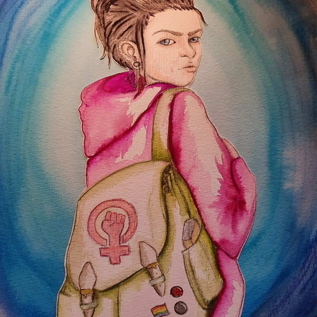 Gezeichnete Person mit einem Rucksack, auf dem das Female-Logo abgebildet ist