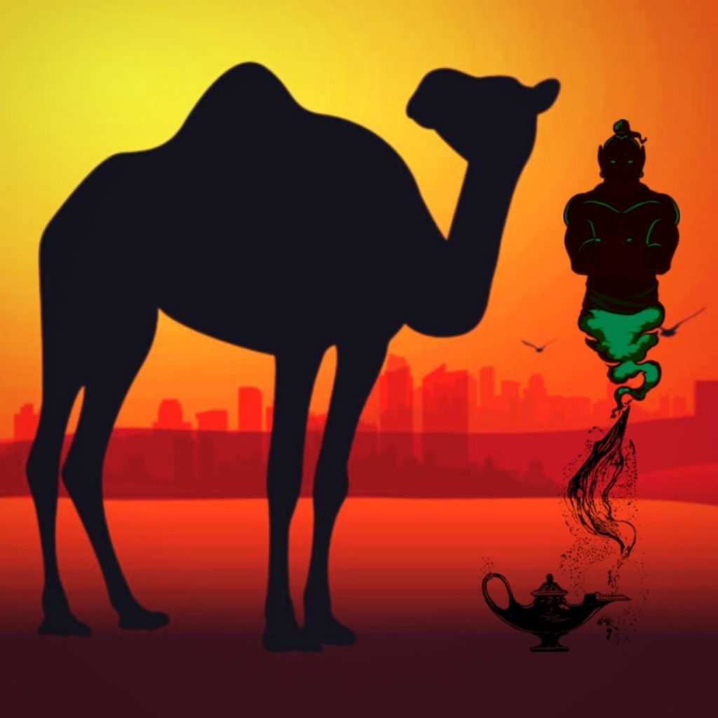 Eine Illustration von einem Kamel und einem Dschinn