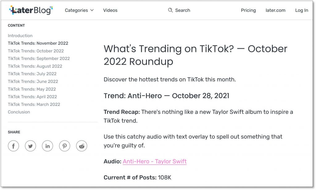 Later-Blog mit TikTok-Trends
