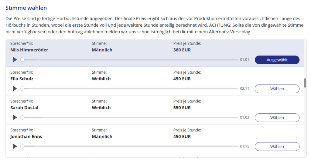 Hörbuchanfrage: Auswahl Sprecher*innen