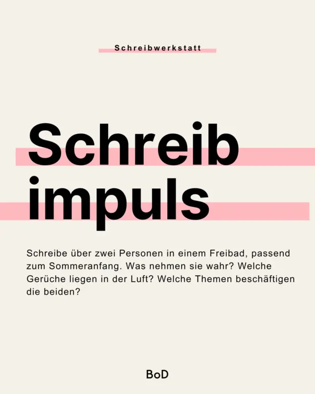 Es ist dieses Gefühl von Unendlichkeit: Ein Tag im Freibad, der am besten nie, nie enden darf. Weil man ihn mit Freund*innen verbringt oder die eigene Nase tief in eine Zeitschrift steckt, während die von der Sonnencreme verklebten Finger mit dem Papier verschmelzen. 🍦 

In unregelmäßigen Abständen teilen wir Schreibimpulse auf unserem Account. Wenn du eine Aufgabe siehst, die dir gefällt, schreibe einfach einen Dialog, eine kleine Kurzgeschichte oder deine Gedanken dazu unter den Beitrag. Hinterlasse zusätzlich gerne Kommentare zu den Werken anderer Autor*innen. So können wir uns alle gegenseitig unterstützen, Feedback geben und vernetzen! 💌

Bereit? Dann starten wir mit der neuen Aufgabe:

📌Verfasse einen kurzen Text als Kommentar unter diesen Post zu unserem Schreibimpuls: Schreibe über zwei Personen in einem Freibad, passend zum Sommeranfang. 

👉🏻 Was nehmen sie wahr? Welche Gerüche liegen in der Luft? Welche Themen beschäftigen die beiden?

Ach, und selbstverständlich könnt ihr einen längeren Text auf eurem Account dazu schreiben. Markiert uns dann gerne in eurem Beitrag. ✌🏻

GEMEINSAM SCHREIBEN | SCHREIBZEIT | WRITING PROMPTS | SCHREIBAUFGABE
